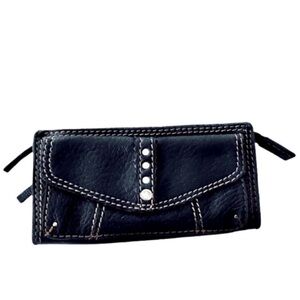 Lucky Brand Leather Wallet Flap and Zipper Closures Black Silver
